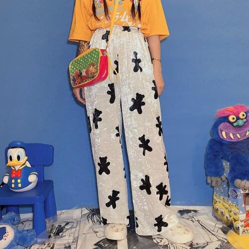 Bear Print Women Trousers Japanese Harajuku Y2k Cartoon Street All-match Casual Long Pants Korean Cute Wide-leg Pant