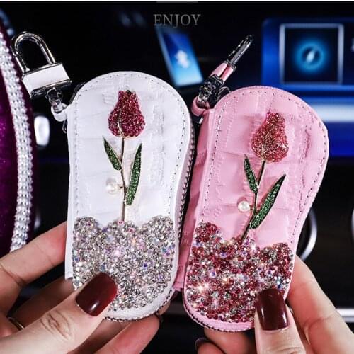 Car key case cover fob key bag universal use key holder for auto home rose design diamond inlay girls woman gift