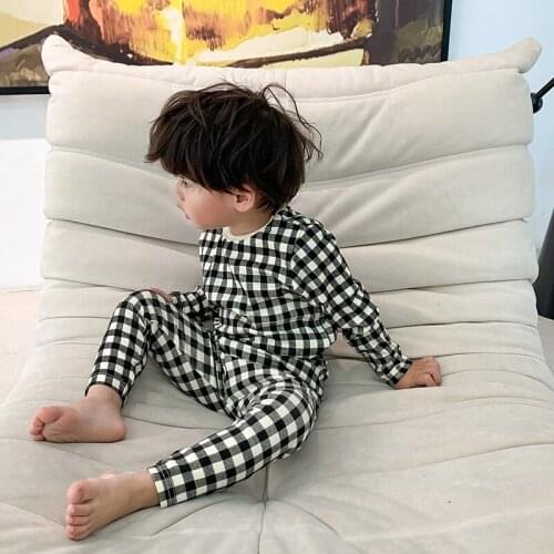 2021 Korea style boys girls 2 pcs set plaid t shirt+long pants autumn winter cotton kids suit 1-7 years
