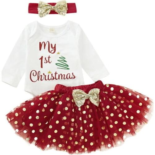 Xmas 0-18M Toddler Baby Girl Clothes Sets Letter Print Christmas Romper Tutu Skirts Outfit Xmas Clothes Set