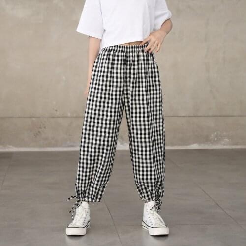 Lantern Girls Summer Pants 2021 Japan Korea Hip-hop Kids Clothes Anti-mosquito Sports Casual Trousers Black White Plaid,#6335