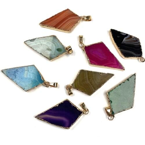 Natural Stone Rhombus Golden Plated Striped Agates Pendant Necklace Charms Pendant for Jewelry Making DIY Size 32x42-25x50mm
