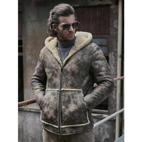 2019 New Mens Shearling Jacket Sheepskin Coat Short Leather Jacket Hooded Fur Coat Thicken Hunter Mens Winter Coats