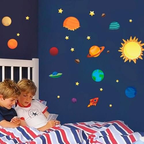 New Creative Solar System Wall Stickers Plane Wall Paper Kids Bedroom Decor Outer Space Stars Planets Wall Decals 1 Sheet Hot