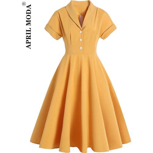 Solid Color Office OL Retro Vintage Women Summer Dress Turn Down Collar Button Front Short Sleeve Rockabilly Swing 50s Sundress