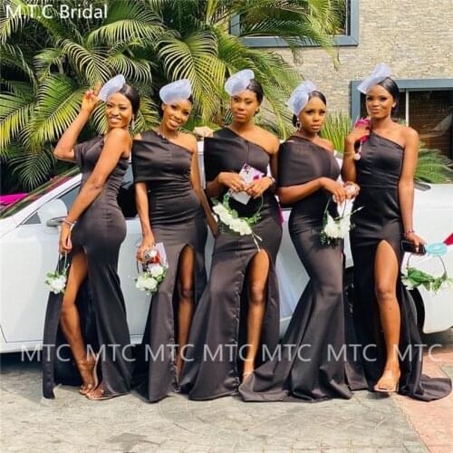 Wholesale Black Mermaid 2021 Bridesmaid Dresses One Shoulder Side Slit Satin African Maid Of Honor Gown Maxi Wedding Party Dress