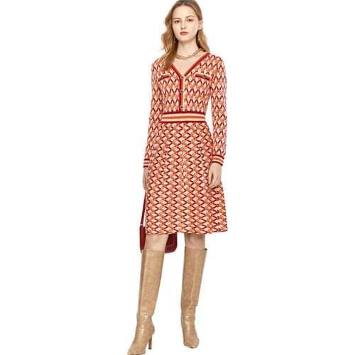 Fall Long Sleeve Sweater Dress Red Jacquard Check Pattern is thin and sexy Womens Long style Sweater Dress Bohemia Knit Dress