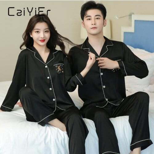 CAIYIER Moon Print Couple Silk Satin Pajamas Set Long Sleeve Trousers Sleepwear Men & Women Winter Luxury Nightwear Home Clothes