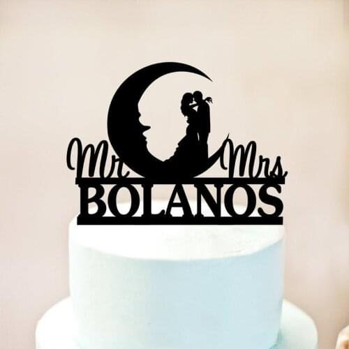 Mr and Mrs Wedding Cake Topper, Moon Cake Topper, Moon Silhouette, Bride and Groom Cake Topper, Custom Cake Toppe