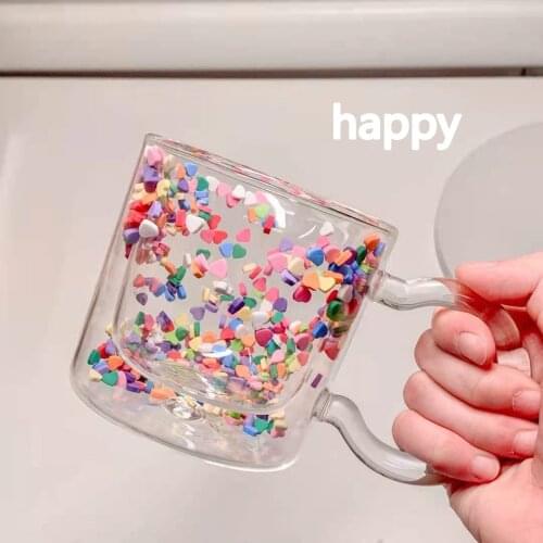 Creative Childlike Color Love Polka Dot Water Cup Quicksand transparent double glass water cup girls cup