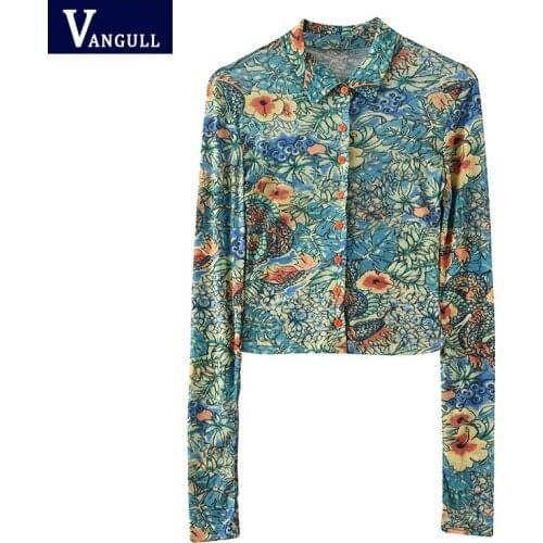 Vangull Fashion Mesh Dragon Print Shirt Women Long Sleeve Tops Button Up See Through Blouses Single Breasted Silm Skinny Shirt