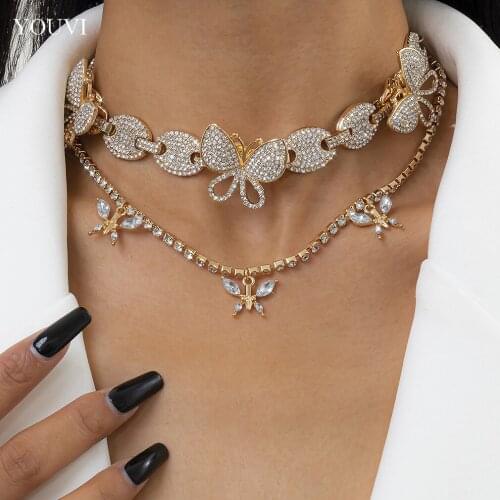 YOUVI 2PCS Cuban Link Butterfly Choker Necklace Crystal Rhinestone Tennis Chain Chokers Necklaces for Women Gold Collar Jewelry