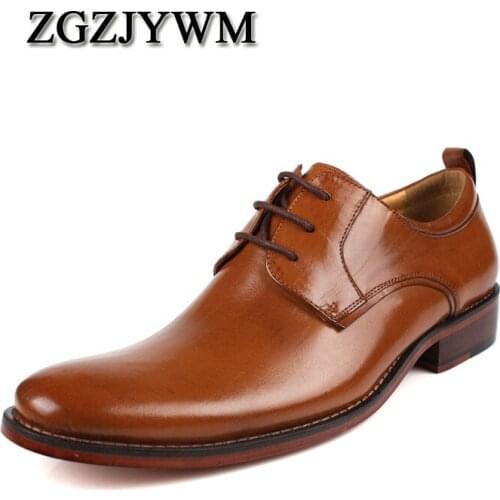 ZGZJYWM Brand Mens Dress Genuine Leather Black/Brown Lace-up Pointed Toe Formal Business Office Men Flats Shoes Big Size 38-46