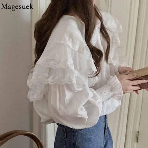 Korean Fashion Big Lapel White Womens Shirt 2021 Autumn Loose Elegant Ruffle Blouse with Lace Lantern Sleeve Cotton Tops 16965