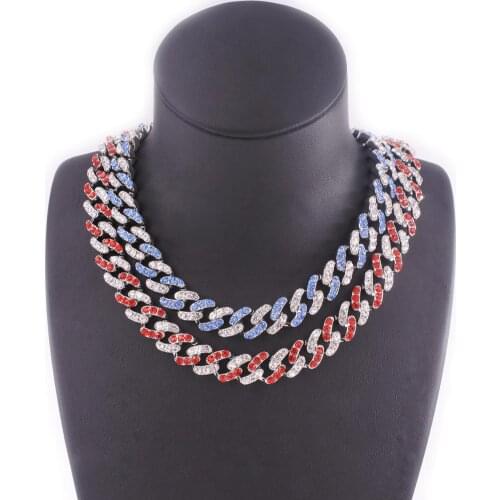 Blue crystal cuban link chain womens hip hop necklace ladies choker red iced out rose gold silver color 12mm wide rap jewelry