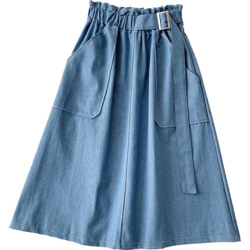 2021 Denim Skirt Women High Waist Midi Jean Skirt A Line with Belt Street Casual Summer Clothing Blue Faldas Jupe Femme XS New