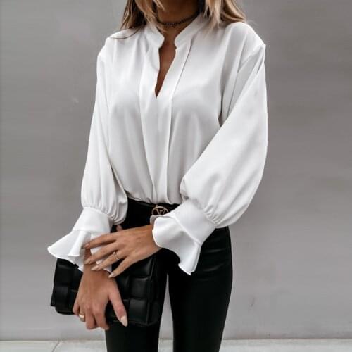 2020 Autumn Winter Ruffles Women Shirt Blouse Long Sleeve V-Neck Tops Shirts Lady Flared Sleeves Blouses Female Loose Top Blusa