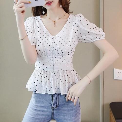 Womens Spring Summer Style Chiffon Blouses Shirts Womens V-neck Polka Dot Short Sleeve Ruffles Casual Tops SP575
