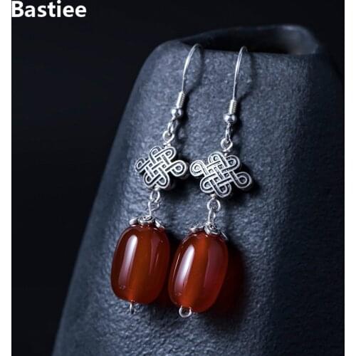 Bastiee Vintage Red Green Agate Drop Earrings 925 Sterling Silver Jewelry For Women Earings Chinese Knot Handmade Jewellery