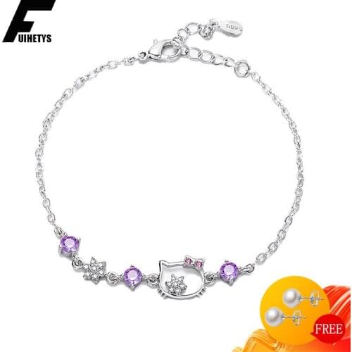 Trendy 925 Silver Jewelry Bracelet Cat Shape Amethyst Zircon Gemstone Bracelets for Women Girl Wedding Engagement Party Ornament