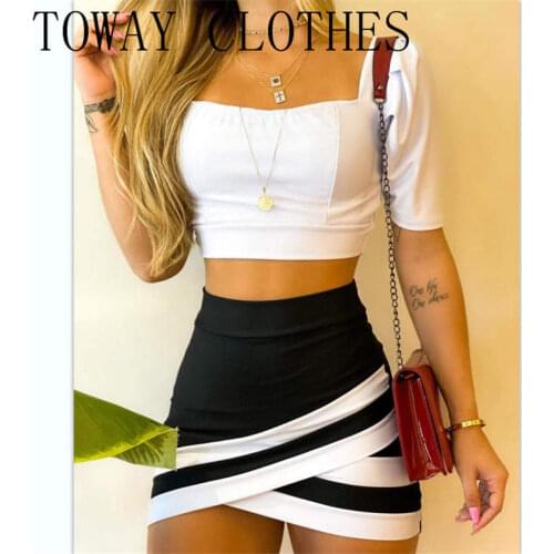 Women Square Neck Plain Short Sleeve Crop Top & High Waisted Colorblock Skirt Set Summer Vacation Suit