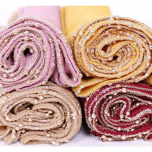 Hot Selling Pearl Chiffon Chain Monochrome Scarf Pure Color Wind Gold Plated Chain Fringed Edge Scarf Four Seasons Pashmina