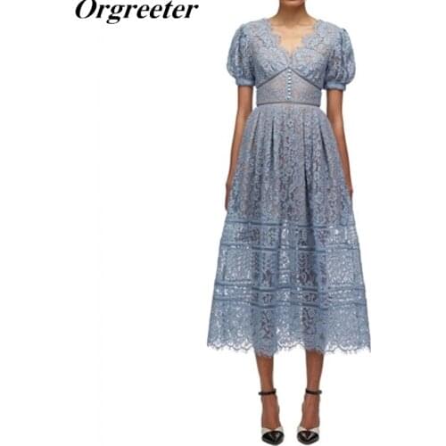 2021 Summer New Womens Blue/Red Hollow out Flower Lace Dress Sexy V-neck Backless High-waist Slim Holiday Dress Vestidos