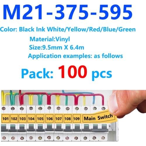 100 pcs M21-375-595 wire marking sleeves Vinyl Label tape For BMP21 PLUS Printer BMP21 LAB Black on White cable variety of color