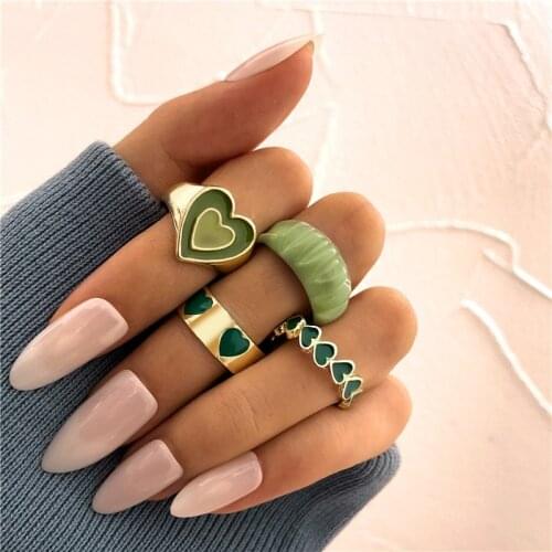 3pcs Kpop Hearts Rings Set for Women Fashion Pink Green Color Resin Flower Love Heart Ring Wholesale Jewelry