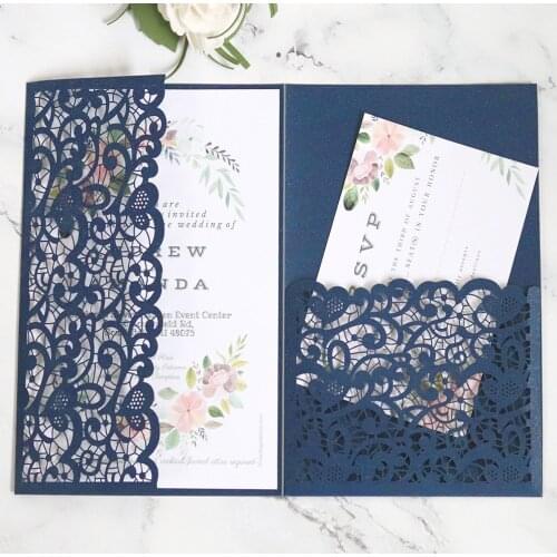 50X Blue Lace Wedding Invitation DIY Personalized Print Shiny Laser Cut Greeting Cards For Bridal Shower Quince Party Invites