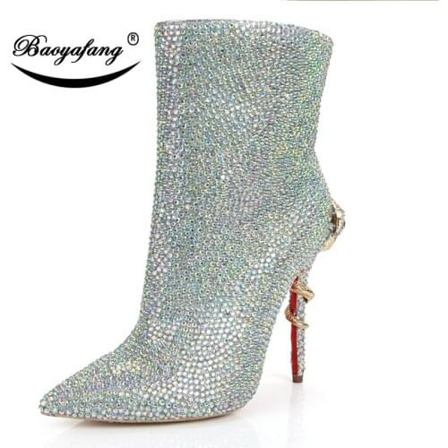 BaoYaFang 2019 New arrive womens Boots Winter fashion ankle boots for woman High heels shoes Crystal Wedding Boots