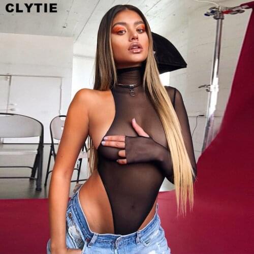 Clytie Sexy See Through Elegant Bodysuits Women 2021 Spring Skinny Clothing Female Clubwear Elastic Ladies Sexy Night Bodysuits