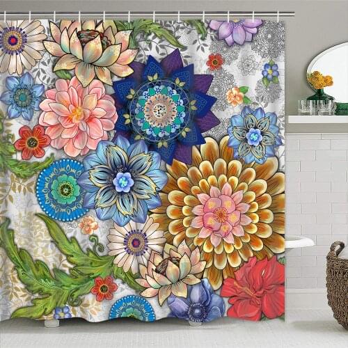 Boho Floral Shower Curtain Colorful Flowers Shower Curtain with Hooks mandala shower curtains for bathroom Fabric Bath Curtain