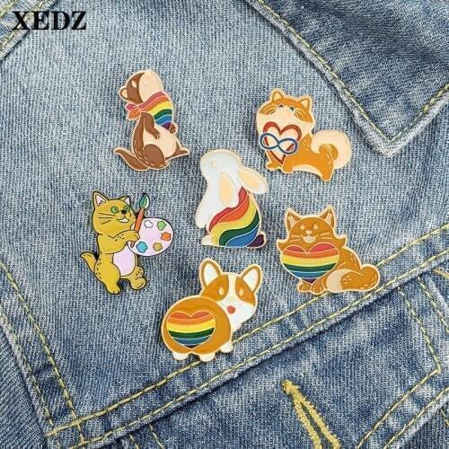 XEDZ Childrens Jewelry Cute Animal Enamel Pins Monkey Rabbit Dog Love Butt Cat Lion Fashion Rainbow Badge Clothes Lapel Brooch