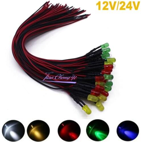 12V/24V F5mm 2PIN LED light Diffused Frosted Emitting Diode Frosted Round Red Grenn Blue Wihte warm whtie 20cm Cable Pre-Wired