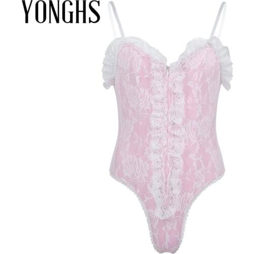 Mens Sissy Bodysuit Lingerie Adjustable Spaghetti Shoulder Straps High Cut Ruffle Lace Sissy Teddy Bodysuit Nightwear Sleepwear