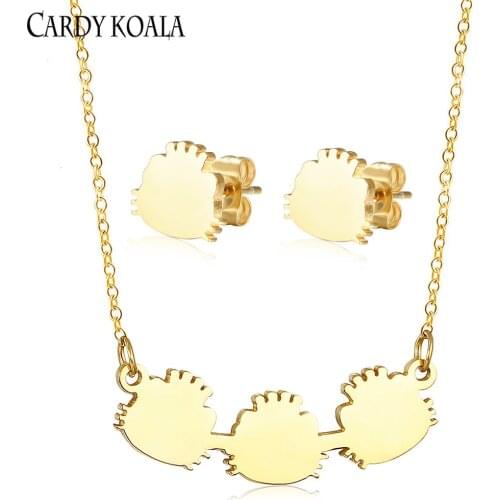 Kitty cat titanium steel pendant earrings necklace set personality clavicle chain gold-plated childrens earrings necklace jewel