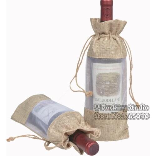 Creative Drawstring Wine Gift bag,single-sided window-opening transparent red wine linen bags favor storage bag