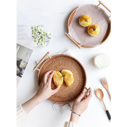 1PC Rattan Storage Tray, Round Basket with Handle Hand-Woven Rattan Tray Wicker Basket Bread Fruit Food Breakfast Display XB 112