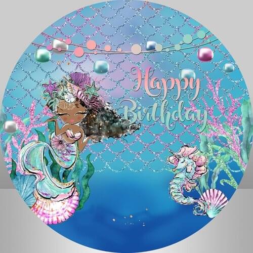 Little Mermaid Girl Round Backdrop Circle Background Undersea Scales Baby Shower Birthday Party Banner Table Plinth Cover