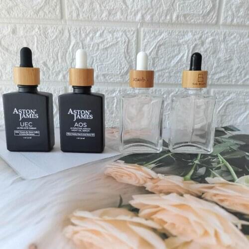 30ml frosted clear rectangle Glass Bottles with bamboo cap square Glass Dropper bottle E-liquid bottles Beard oil bamboo dropper