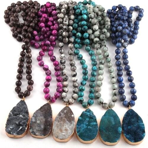 MOODPC Fashion Stone Long Knotted Druzy Drop Pendant Necklace Women Lariat Necklaces