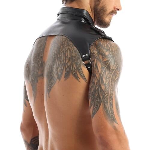 Mens Male Fashion Lingerie Clubwear Faux Leather Adjustable Body Chest Harness Lapel Punk Bondage Costume with Press Buttons