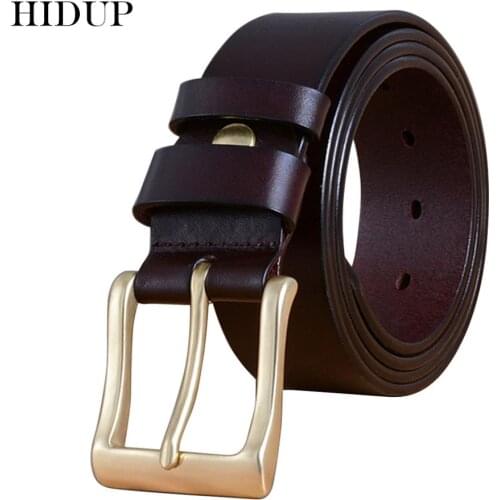 HIDUP Mens Retro Styles Brass Pin Buckle Metal Belt Jeans Accessories Top Quality Design Cow Skin Genuine Leather Belts NWJ806