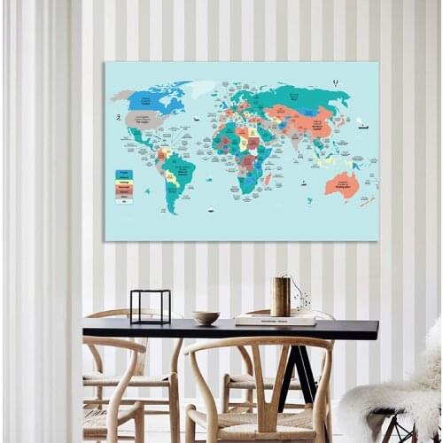 The World Capital Map Wall Art Pictures Education Posters and Prints Canvas Painting with Details Living Class Room Office Decor