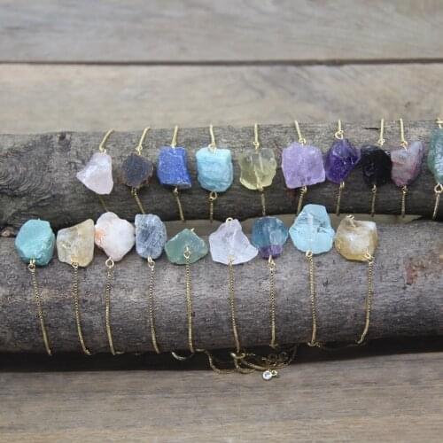 Raw Crystal Fluorite Quartz Amethysts Labradorite Stone Nugget Bead Gold Chains Adjustable Bracelet Fashion Women Jewelry QC2002