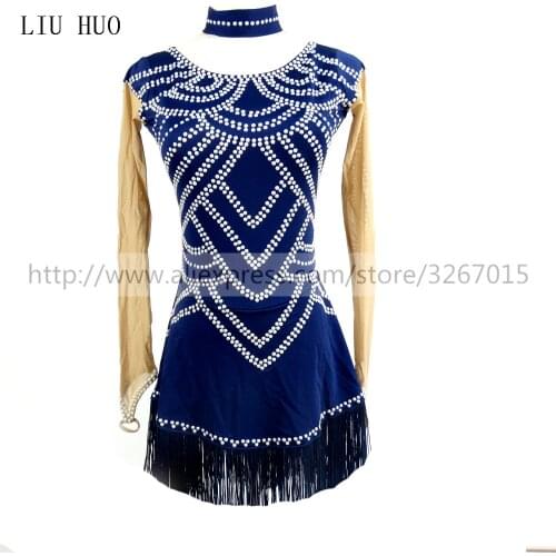 Competition Figure Skating Dress Womens Girls' Ice Skating Dress Roller skating Round neck long sleeve Adults Kids Dark blue