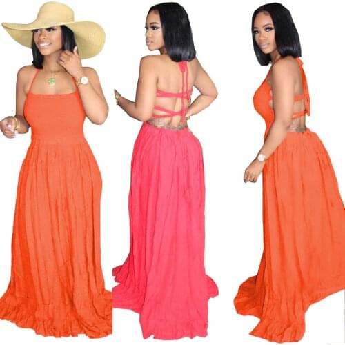 Zoctuo Long Dresses Sexy Backless Spaghetti Straps Halter Summer Dress Solid Floor-length Casual Cold Shoulder Dresses For Women