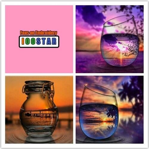 Full diamond embroidery sunset landscape Glass jar diy 5d diamond painting picture Needlework cross stitch mosaic puzzle decor