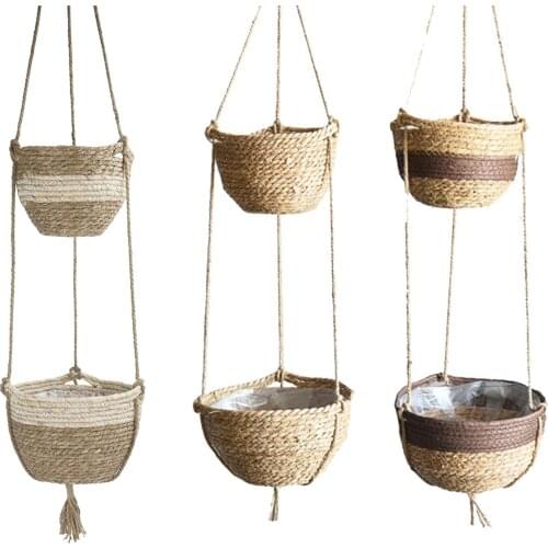 Plant Storage Basket Flower Pots Gardening For Home Woven Indoor Ourdoor Wall Art Decoration 2 Layer Jute Rope Hanging Planter